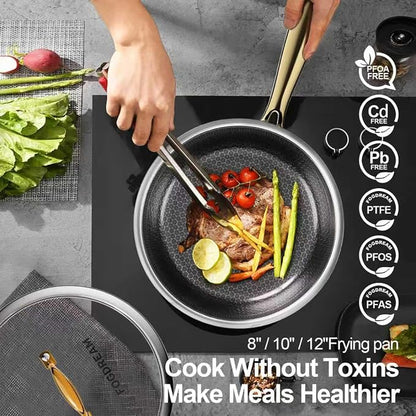 FogDream 10" 11" Stainless Steel Frying Pan with Lid, Honeycomb Hybrid Nonstick Skillet for Induction & All Cooktops, PFAS/PFOA/PTFE Free, Oven Safe to 500°F, Stay-Cool Handle, Dishwasher Safe, Gold