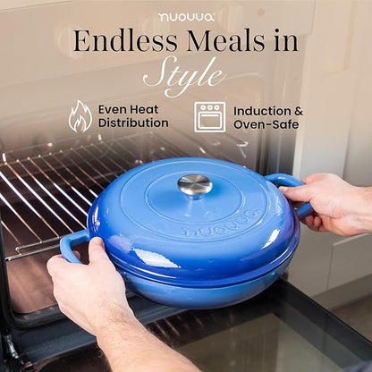 Shallow Cast Iron Casserole with Lid – Non Stick Dutch Oven Pot, Oven Safe up to 500° F – Sturdy Ovenproof Stockpot Cookware – Enamelled Cooking Pot – Dark Blue, 5-Quart, 32cm – by Nuovva