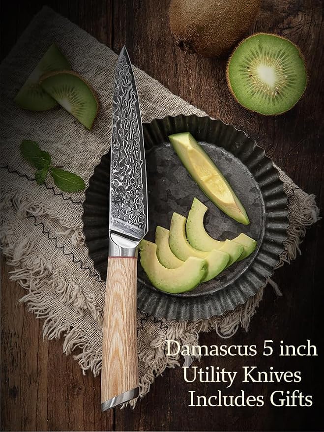 DONGSUN 5 Inch Damascus Utility & Steak Knife with North American Black Walnut Sheath, 67-Layer VG10 Forged Steel Japanese Kitchen Knife, Professional Durable Sharpness