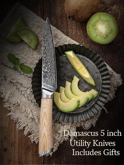DONGSUN 5 Inch Damascus Utility & Steak Knife with North American Black Walnut Sheath, 67-Layer VG10 Forged Steel Japanese Kitchen Knife, Professional Durable Sharpness