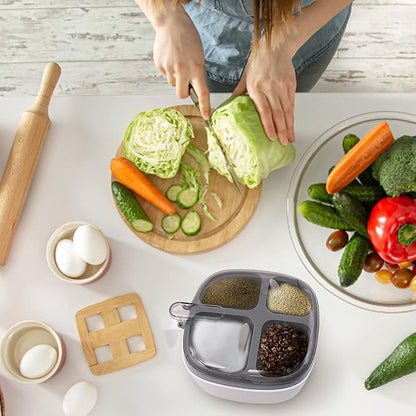Seasoning Box with Lid and Spoon, 4 Compartment Spice Pots with Handle, Home Kitchen Condiment Jars for Sugar Salt Pepper
