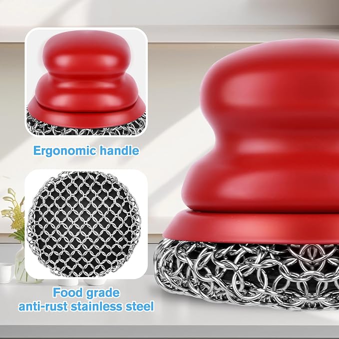 Cast Iron Scrubber and Scraper, Chain Mail Scrubber Cast Iron for Cleaning Dishes, Stock Pots, Pans, Griddles, Grills, Dish Scouring Pads