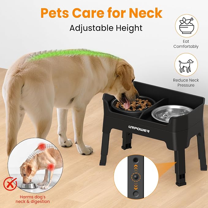 URPOWER Mess Proof Elevated Dog Bowls 4 Height Adjustable Raised Dog Bowl Stand with Stainless Steel Bowl, Slow Feeder & Licking Plate for Small, Medium & Large Dogs