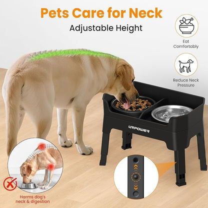 URPOWER Mess Proof Elevated Dog Bowls 4 Height Adjustable Raised Dog Bowl Stand with Stainless Steel Bowl, Slow Feeder & Licking Plate for Small, Medium & Large Dogs