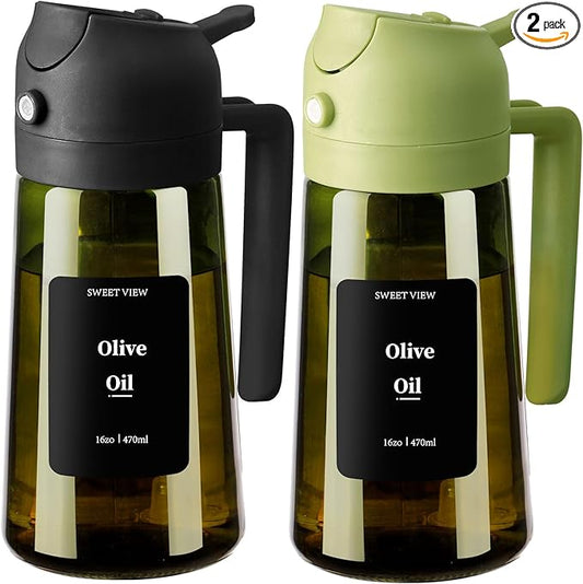 SWEET VIEW 2PCS Olive Oil Dispenser and Oil Sprayer – 16oz/470ml Glass Light-Proof Oil Pourer for Kitchen Air Fryer, Cooking, Salad, and BBQ, with Stickers