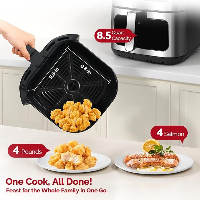 New 8.5QT Air Fryer with Color Touchscreen and 8 Presets, Large Family Size Airfryer with Visual Window for Fast Healthy Cooking, Reheat, Dishwasher Safe, Gift Box Included, Stainless Steel