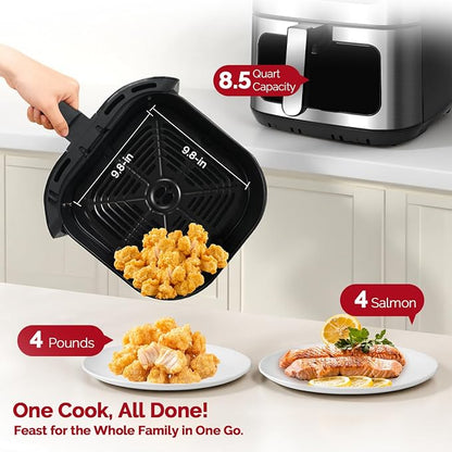New 8.5QT Air Fryer with Color Touchscreen and 8 Presets, Large Family Size Airfryer with Visual Window for Fast Healthy Cooking, Reheat, Dishwasher Safe, Gift Box Included, Stainless Steel