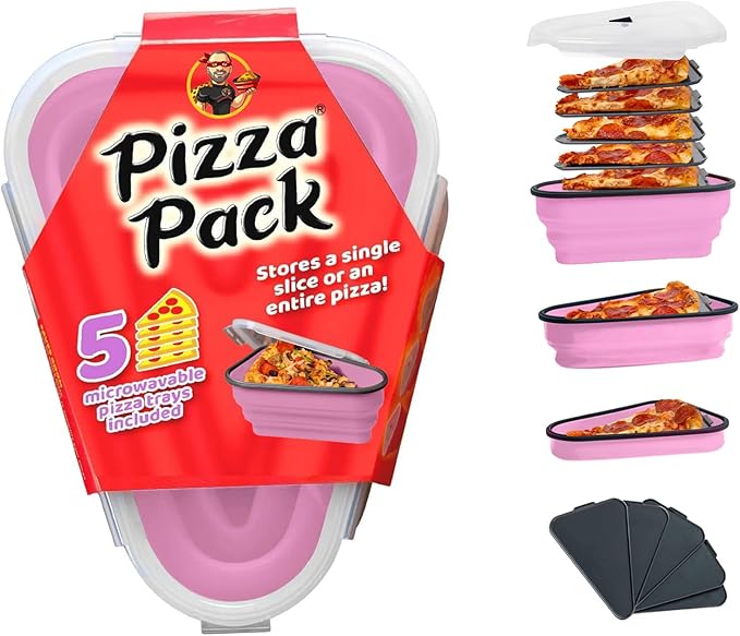 PIZZA PACK The Perfect Reusable Pizza Storage Container with 5 Microwavable Serving Trays - BPA-Free Adjustable Pizza Slice Container to Organize & Save Space, Pink