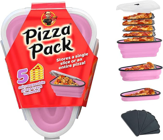 PIZZA PACK The Perfect Reusable Pizza Storage Container with 5 Microwavable Serving Trays - BPA-Free Adjustable Pizza Slice Container to Organize & Save Space, Pink