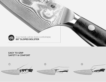 Damascus Knife Set 3 PCS: Japanese Kitchen Knives with VG10 Steel Core, Ultra-Sharp Professional Chef Knife Set, Full Tang G10 Handle, NSF Food-Safe, Elegant Box for Men Him Husband, Fathers day
