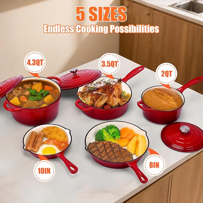 QuliMetal Nonstick Enameled Cast Iron Cookware Set, 5 Pcs Pots and Pans with Lid, Skillet, Frying Pan, Saucepan & Dutch Oven for All Stovetops, PFA Free - Ideal for Sourdough Bread Baking