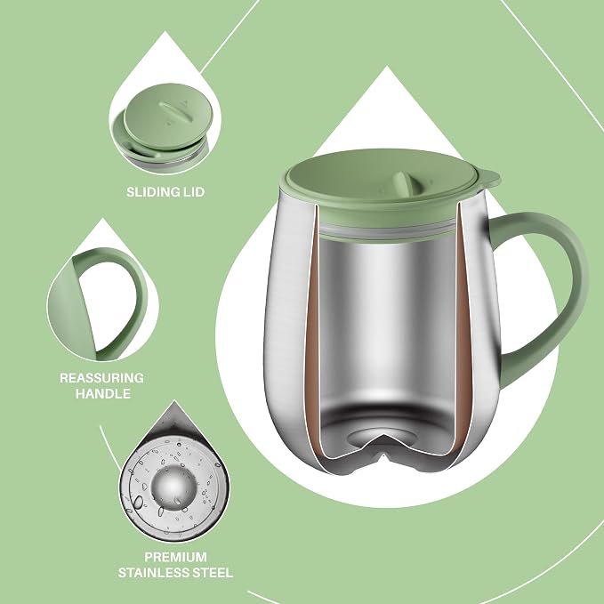 Ideus 16 oz Insulated Coffee Mug with Handle and Lid, Double Wall Stainless Steel Vacuum Thermal Coffee Mug, Travel Coffee Cup Thermal Cup for Home and Office, Avocado Green