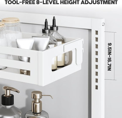 1 Pack Under Sink Organizer,Pull Out Cabinet Organizer With Smooth Cylindrical Rail,Metal Slide Out Drawer for Kitchen Bathroom Laundry Cabinet,8-Level Tool Free Height Adjustable-White