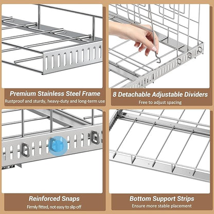 Housolution Pull Out Stainless Steel Baking Tray and Cookie Sheet Organizer, 13"-22" Width Expandable Cutting Board Holder with 8 Adjustable Dividers, 21.5" Deep Bakeware Rack for Cabinet, Silver