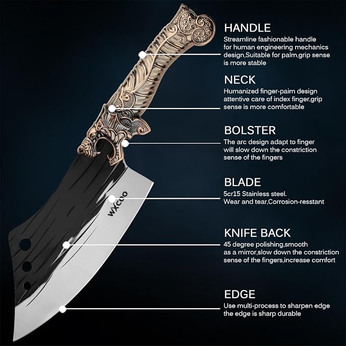 5PCS Butcher Knife Set for Chef, Butchering, Meat Processing, BBQ Cutting and Fillet, High Carbon Steel Hand Forged Knives, Cleaver & Bone Chopper, Dragon Bolster, Wood-Grain Handle - Bronze