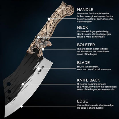 5PCS Butcher Knife Set for Chef, Butchering, Meat Processing, BBQ Cutting and Fillet, High Carbon Steel Hand Forged Knives, Cleaver & Bone Chopper, Dragon Bolster, Wood-Grain Handle - Bronze