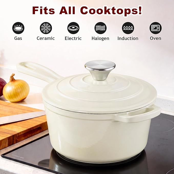 2 Pcs Enameled Sauce Pan with Lid, Leonyo 1 Qt & 2 Qt Cast Iron Saucepan Set, Small Bread Dutch Oven Pots for All Kitchen Cooktops Cooking Pasta, Milk, Soup - Up to 500°F, Cream White