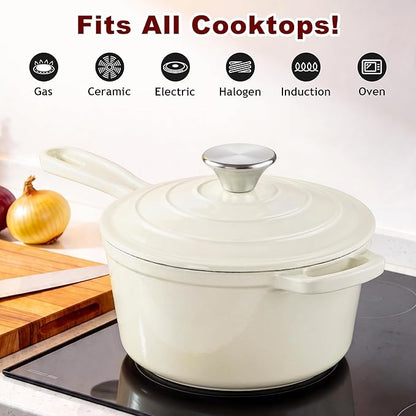 2 Pcs Enameled Sauce Pan with Lid, Leonyo 1 Qt & 2 Qt Cast Iron Saucepan Set, Small Bread Dutch Oven Pots for All Kitchen Cooktops Cooking Pasta, Milk, Soup - Up to 500°F, Cream White