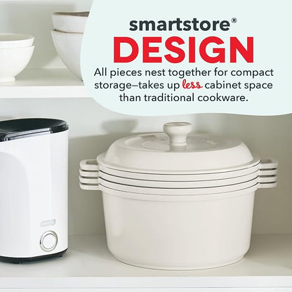 Dash Stacks 16-Piece Ceramic Nonstick Cookware Set with Electric Burner, Pots and Pans Set, Stackable Nesting Kitchen Pots and Pans, Small Kitchen, Oven Safe, Cream