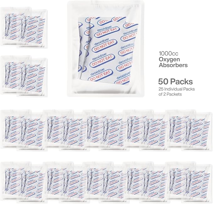 1000cc (25 Bags of 2 Packets, Total 50 Packets) Oxygen Absorbers for Food Storage, Food Grade Oxygen Absorbers Packets with Oxygen Indicator for Long Term Storage and Preservation(1000CC(50-Pack))