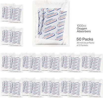 1000cc (25 Bags of 2 Packets, Total 50 Packets) Oxygen Absorbers for Food Storage, Food Grade Oxygen Absorbers Packets with Oxygen Indicator for Long Term Storage and Preservation(1000CC(50-Pack))