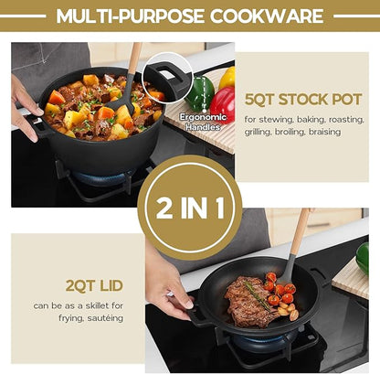 TeamFar Pre-season Cast Iron Dutch Oven with Skillet Lid, 2-in-1 Cast Iron Bread Pan Skillet Cookware with Dual Handles for Bread Baking, Frying, Camping, 5QT