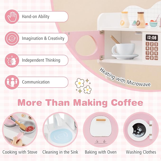 Costzon Play Kitchen, Wooden Toy Kitchen Set with Coffee Maker Playset, Washing Machine, Microwave, Oven, Pretend Play Cooking Accessories, Kids Kitchen Playset, Gift for Boys Girls (Pink)