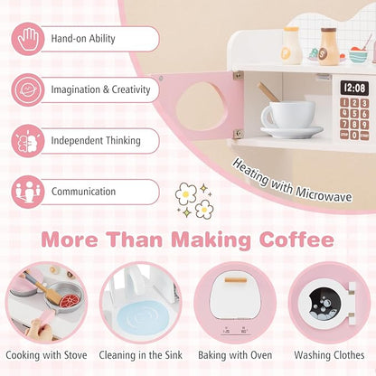 Costzon Play Kitchen, Wooden Toy Kitchen Set with Coffee Maker Playset, Washing Machine, Microwave, Oven, Pretend Play Cooking Accessories, Kids Kitchen Playset, Gift for Boys Girls (Pink)