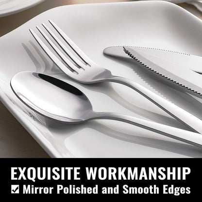 Hiware 24-Piece Silverware Set with Steak Knives, Stainless Steel Flatware Cutlery, Mirror Polished Flatware Serving Utensils Set for 4, Includes Forks Spoons Knives Silverware, Dishwasher Safe