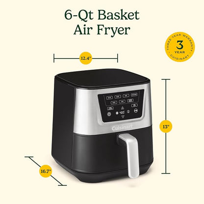 Cuisinart Air Fryer, Large 6-Quart Basket with 4 Cooking Functions to Air Fry, Bake, Roast, and Keep Warm, 3 Presets, PFAS-Free, Dishwasher-Safe Parts, AIR-180, Black & Stainless Steel