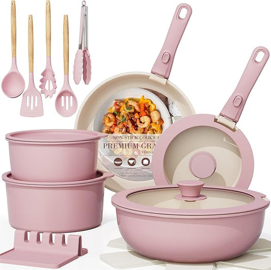 Astercook 21 Pcs Pots and Pans Set Non Stick, Ceramic Cookware Set Detachable Handle, RV Kitchen Cooking Set Removable Handles, Oven Safe, Induction Ready, Stackable, Pink, Fathers Day Gift for Men