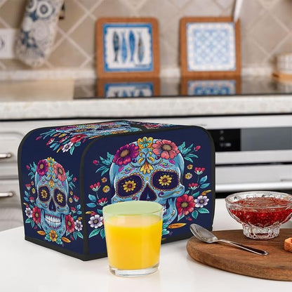 Flower Blue Skull Toaster Cover 4 Slice Wide Slot Washable Kitchen Appliance Covers Fingerprint Bread Machine Dust Cover Small Toaster Oven Accessories Covers Bread Maker Bag Women Gift