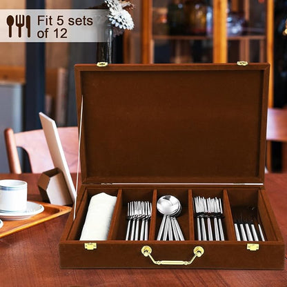 Pickmesh Silverware Case with Lid and Handle, Silverware Storage Box Sterling Silver Flatware Chest Without Silver Tarnish Proof Utensils Organizer for Kitchen Decor Wedding Gifts(Coffee,1 Layer)