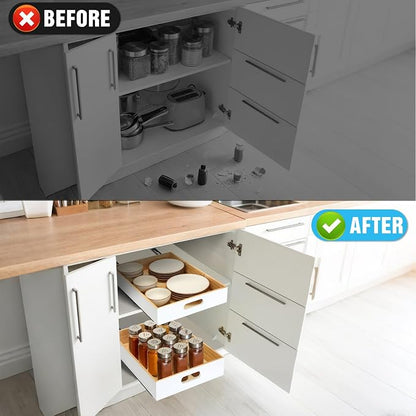 CroBlissful 2 PCS Wood Pull Out Cabinet Organizers with Removable Dividers, 14''W x 21''D Nail-free Wood Sliding Drawers with Adhesive Tape, Roll Out Shelves for Kitchen, Pantry, Office (White)