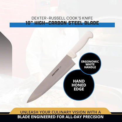 Dexter-Russell 10” Cook’s Knife – P94802, High-Carbon Stainless Steel Blade, Ergonomic White Handle, Hand-Honed Edge for Precision Slicing – Basics Series, Made in USA