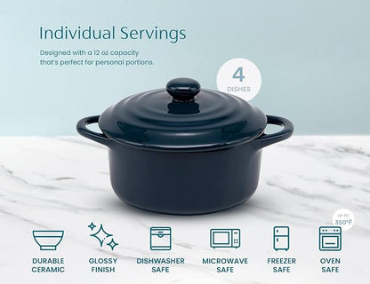 Kook Ceramic Mini Cocotte Set, Small Casserole Dishes with Lids and Handles, Individual Baking Ramekins, Oven safe 350F, Microwave & Dishwasher Safe, Stoneware, 12 oz, Set of 4, (Navy)
