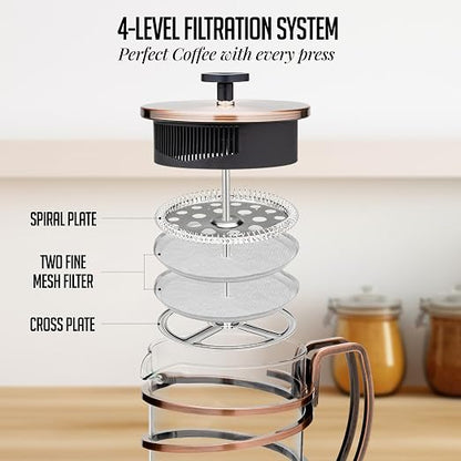 OVENTE French Press Coffee Maker 27 Ounce with Heat Resistant Borosilicate Glass, Stainless Steel Design and 4-Level Filter System, Portable Cold Brewer Pot for Travel, Camping or Gift, Copper FSW27C