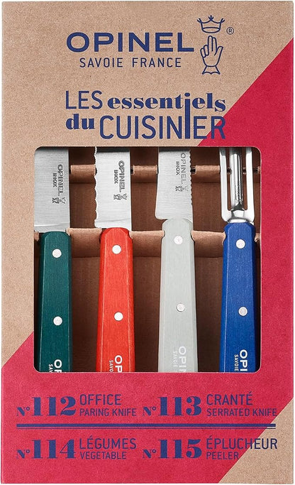 OPINEL Les Essentials - Small Kitchen 4 Piece Knife Set - Paring, Serrated, Peeler, Vegetable Knife, Corrosion Resistant High Carbon Steel, Made in France (Primo)