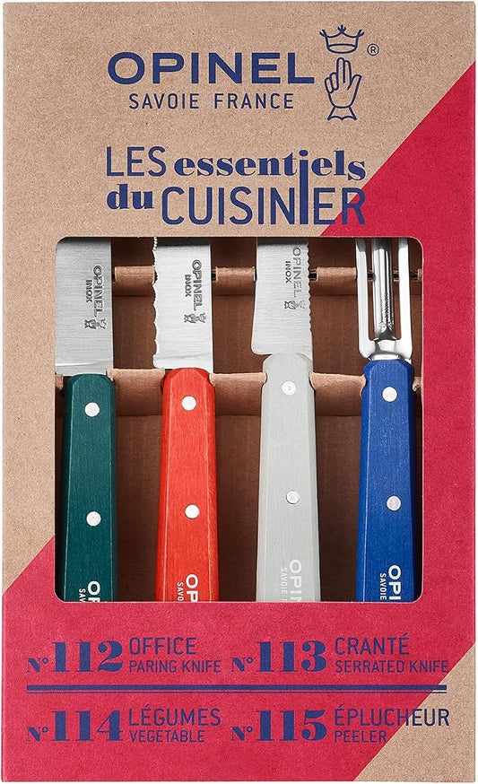 OPINEL Les Essentials - Small Kitchen 4 Piece Knife Set - Paring, Serrated, Peeler, Vegetable Knife, Corrosion Resistant High Carbon Steel, Made in France (Primo)