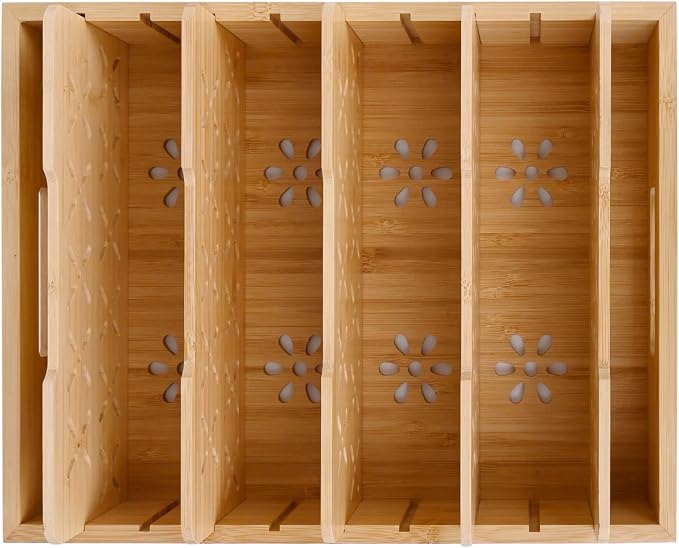 Natural Bamboo Storage Tray with 5 Custom Dividers, Deep Drawer Organizer for Kitchen, Small Cabinets, Home Office & Living Room