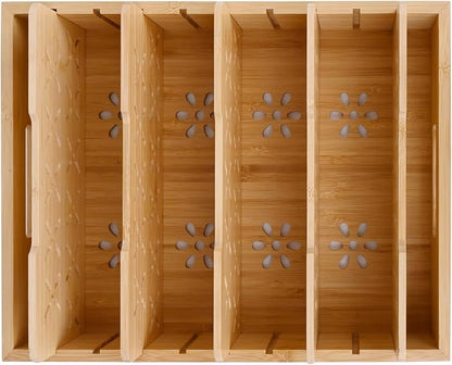 Natural Bamboo Storage Tray with 5 Custom Dividers, Deep Drawer Organizer for Kitchen, Small Cabinets, Home Office & Living Room
