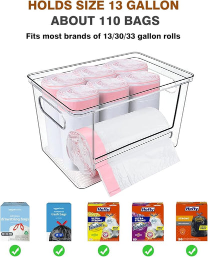 Trash Bag Dispenser 2 Pack - Under Sink Organizer, Plastic Bag Holder, Stackable Acrylic Garbage Bag Storage with Bamboo Lid for Kitchen Cabinet, 13/30/33 Gallon Grocery Bag Dispenser