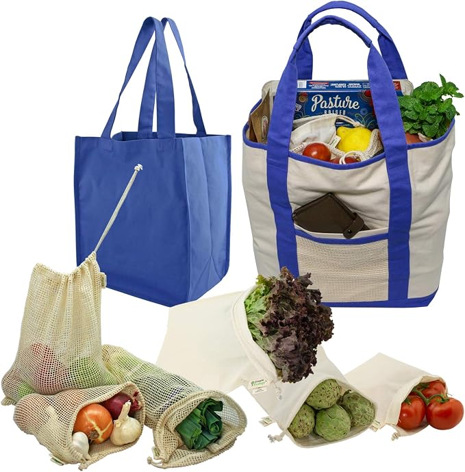 Simple Ecology Reusable Grocery Shopping 8 Bag Gift or Starter Set, Washable, Durable, Organic Cotton, Natural with Blue