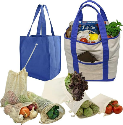 Simple Ecology Reusable Grocery Shopping 8 Bag Gift or Starter Set, Washable, Durable, Organic Cotton, Natural with Blue
