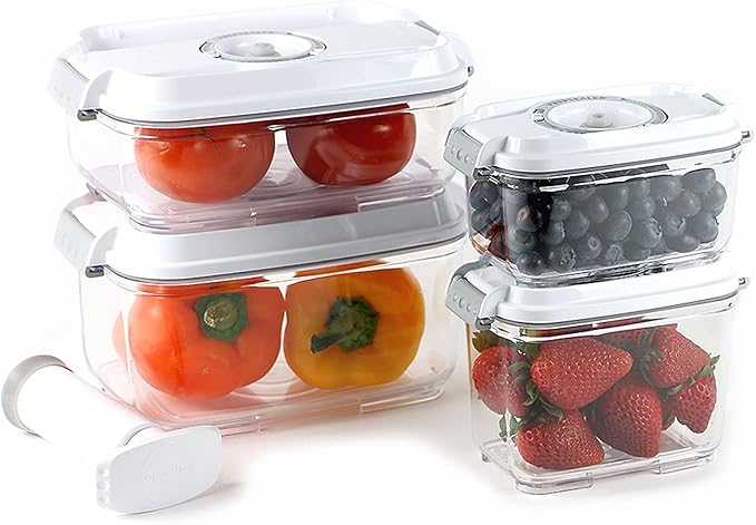 PrepSealer Food Storage Vacuum Container 4-piece Container with Maunal Pump, BPA free, Tritan, Keep food and ingredients fresh up to four times longer than conventioal storeage.