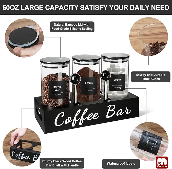 gmisun Coffee Tea Sugar Container Set, 3 Pcs 50 Fl oz Bean Storage Canister With Airtight Lids, Black Glass Tea Sugar Holder Containers with Scoop/Shelf/Labels, Canisters Jars for Coffee Bar/Station