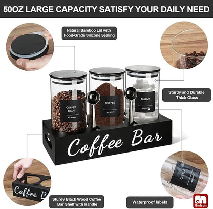 gmisun Coffee Tea Sugar Container Set, 3 Pcs 50 Fl oz Bean Storage Canister With Airtight Lids, Black Glass Tea Sugar Holder Containers with Scoop/Shelf/Labels, Canisters Jars for Coffee Bar/Station