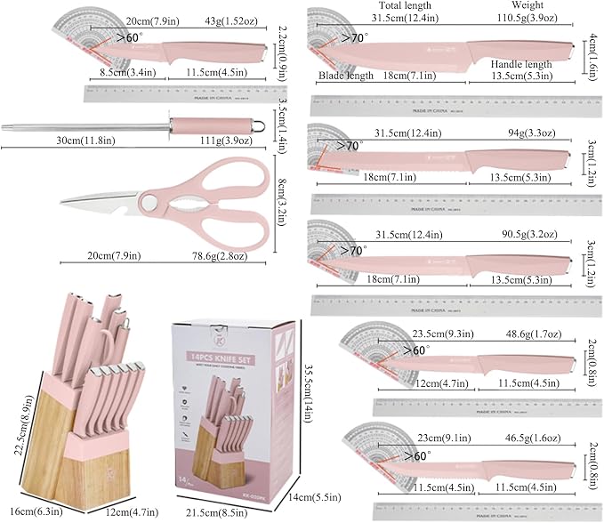 Pink Knife Set with Wood Block, 14-Piece Aesthetic Kitchen Knife Sets for Women,Non Rust Sharp Stainless Steel Knives With Sharpener,Gifts for Modern Kitchen Decor