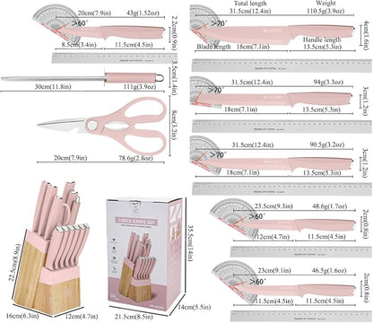 Pink Knife Set with Wood Block, 14-Piece Aesthetic Kitchen Knife Sets for Women,Non Rust Sharp Stainless Steel Knives With Sharpener,Gifts for Modern Kitchen Decor