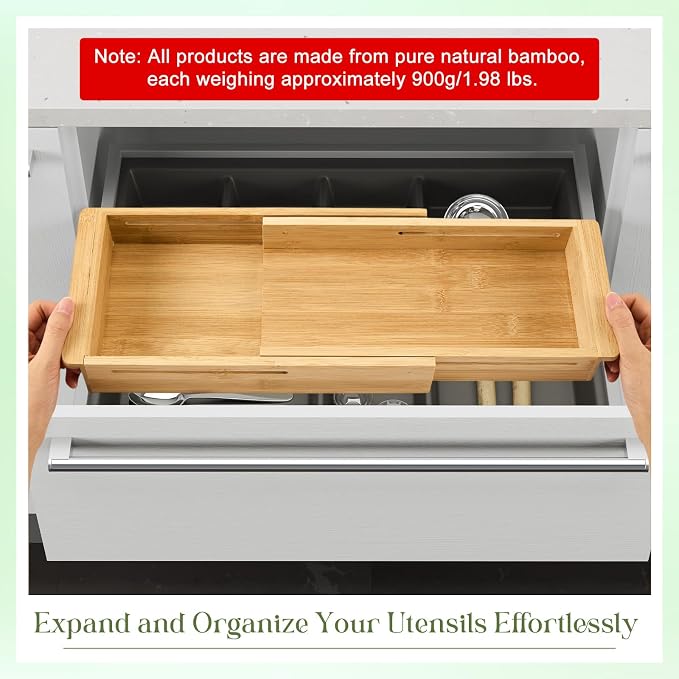 LemonRoad 1 Pcs Sliding Drawer Organizer 12.4-17.7 Inch Bin Bamboo Drawer Expandable Bins Utensil Organizer for Kitchen Spoons Forks Knives (Wood)